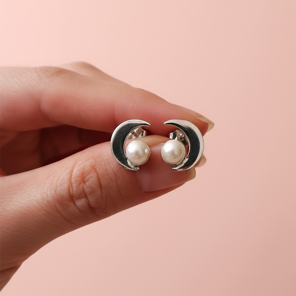 aretes luna perla plata
