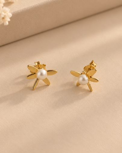 ARETES LIBELULA CON PERLA PLATA ENCHAPADO EN ORO
