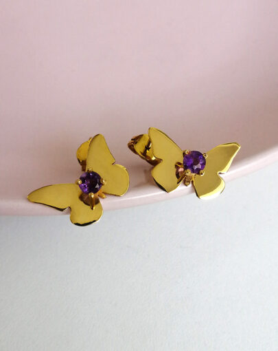 ARETES MARIPOSA AMATISTA PLATA ENCHAPADO EN ORO - Imagen 3