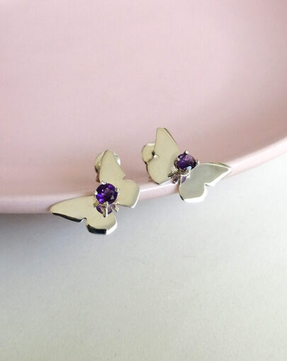 ARETES MARIPOSA AMATISTA PLATA - Imagen 3