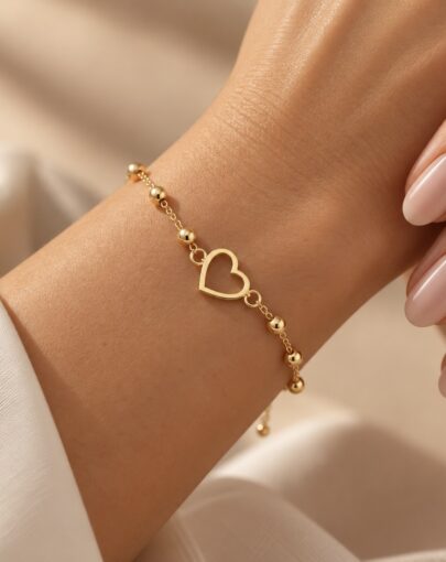 PULSERA CORAZON CALADO CON BOLITAS PLATA CON ENCHAPE DE ORO - Imagen 2