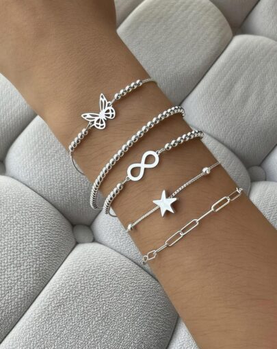 PULSERA REGULABLE MARIPOSA CON BOLITAS PLATA - Imagen 3
