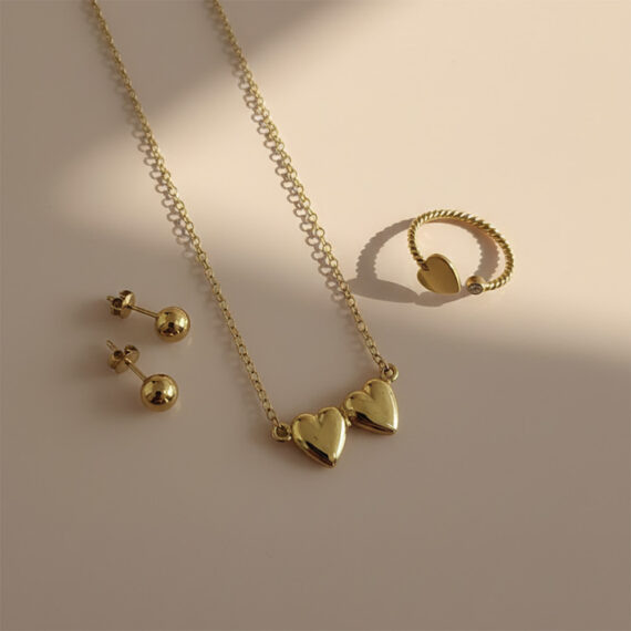 cad doble corazon arete enlazad y anillo entorchad