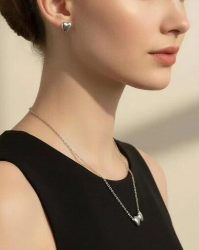 PACK DUO CADENA DOBLE CORAZÓN + ARETES A JUEGO PLATA - Imagen 3